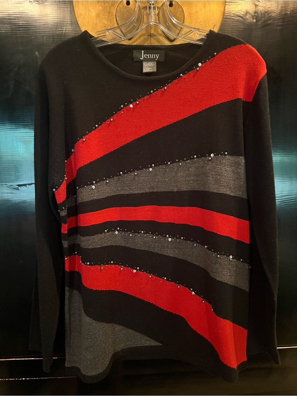 Jenny Yoo Black, Red & Gray Beaded Crewneck Sweater